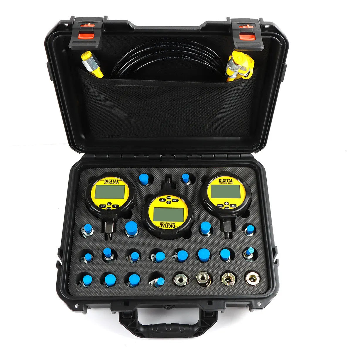 SINOCMP Digital Hydraulic Pressure Test Kit 70Mpa*2Gauge 16Mpa*1Gauge 22 Test Couplings 3 Test Hoses for Caterpillar John Deere Excavator Construction Machinery